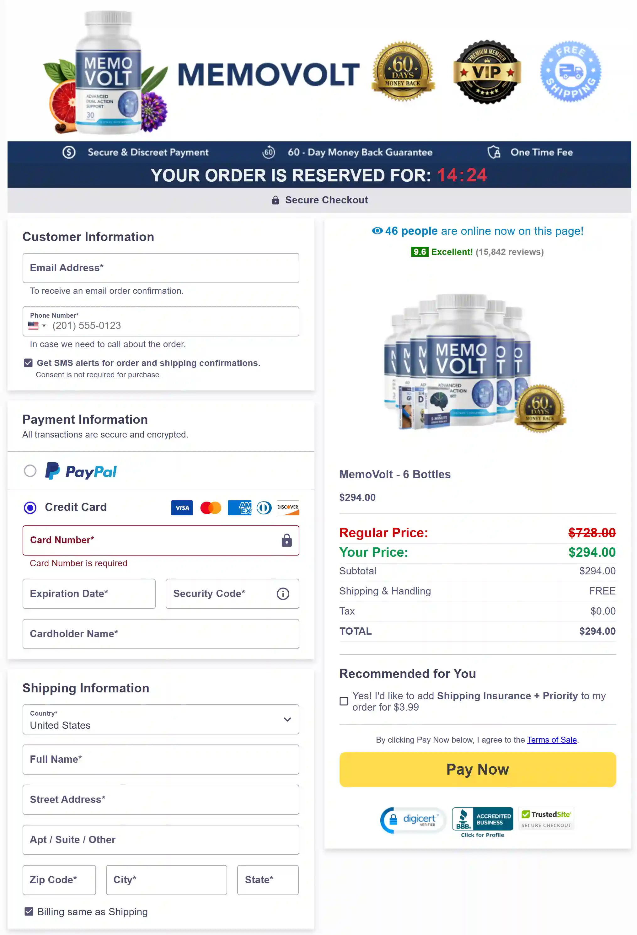 MemoVolt Checkout page